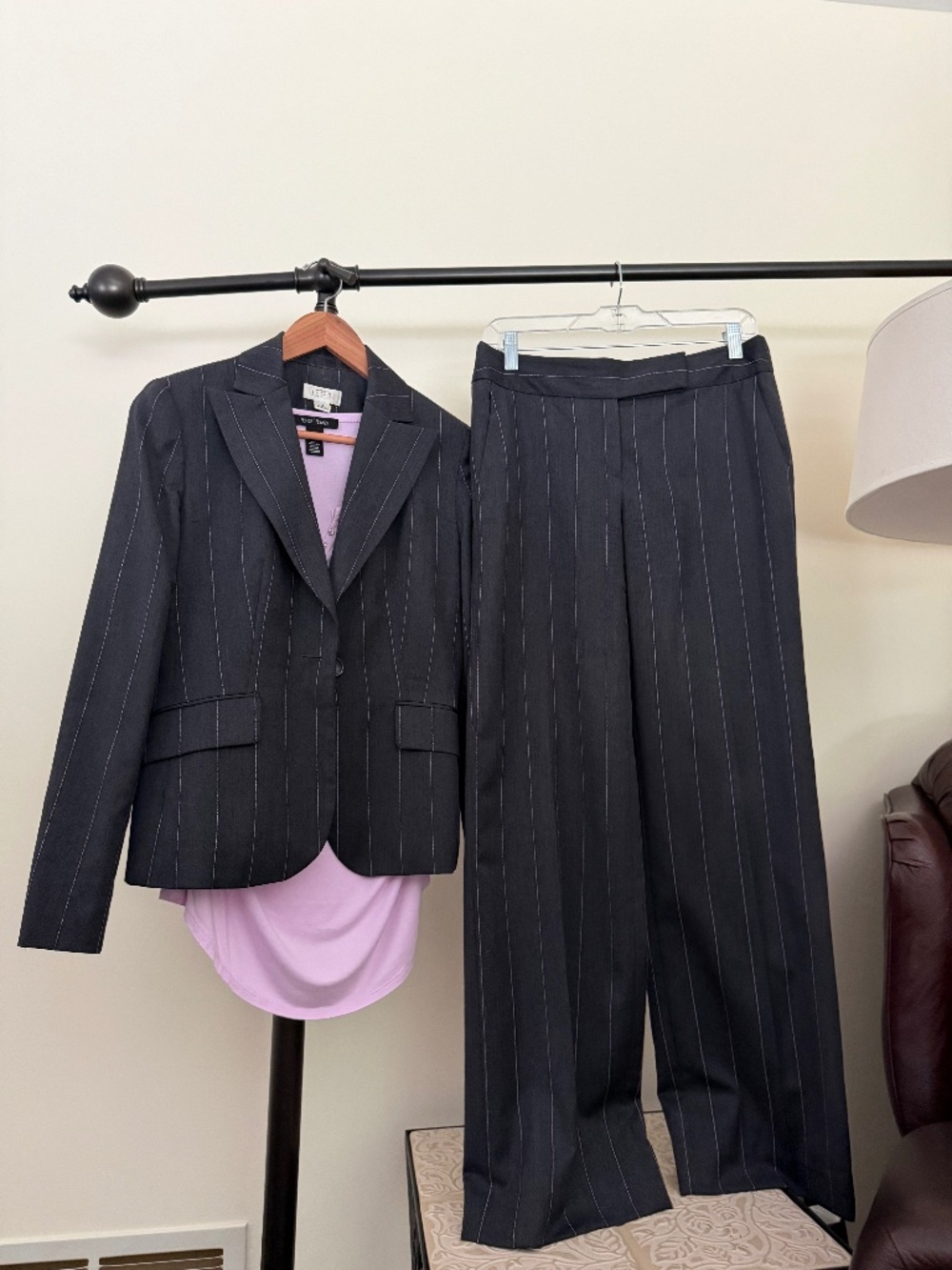 LOFT Gray Pinstripe Suit with WHBM Lavender Top